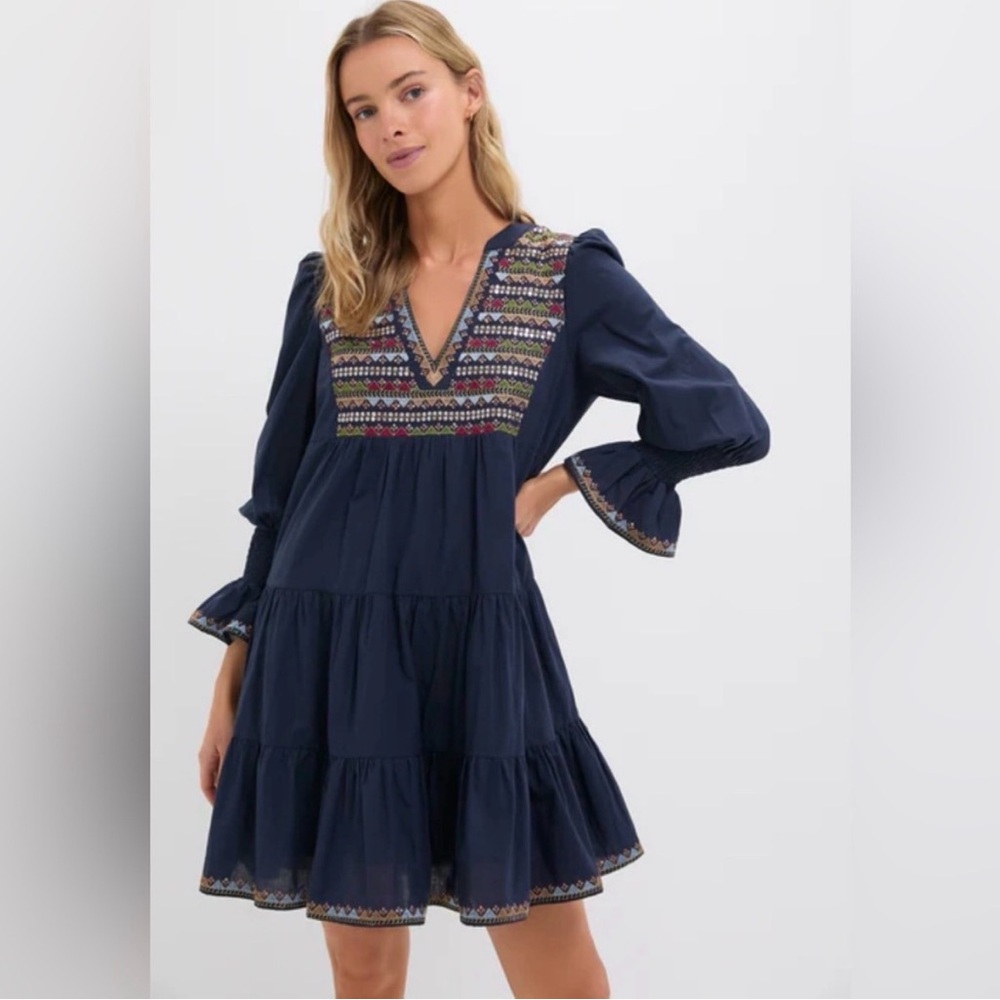 Pomander Place Navy Embroidered Sequin Kenzo Bohemian Long Sleeve Dress Size XS